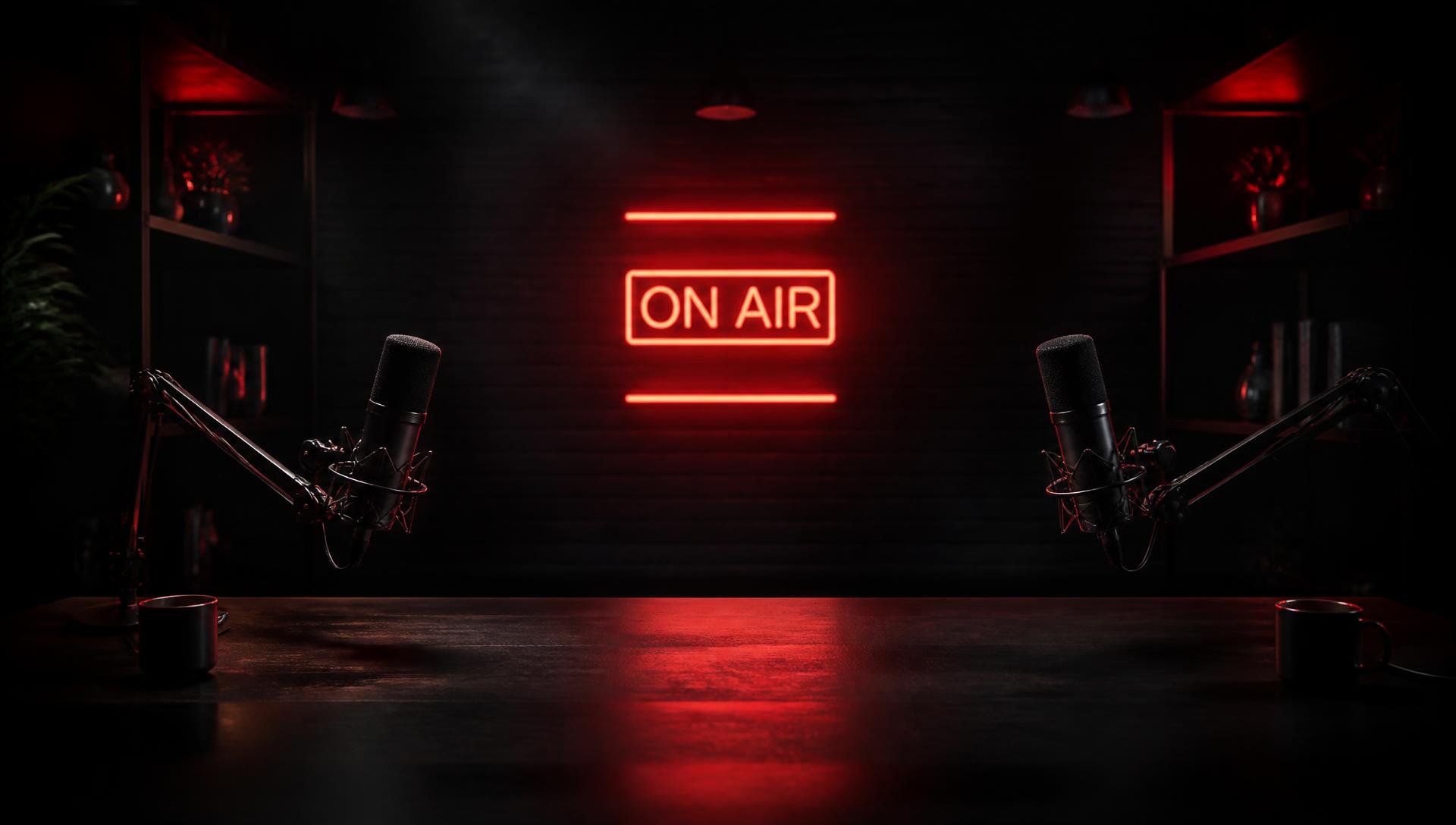 Studio del podcast DarkRank illuminato al neon rosso
